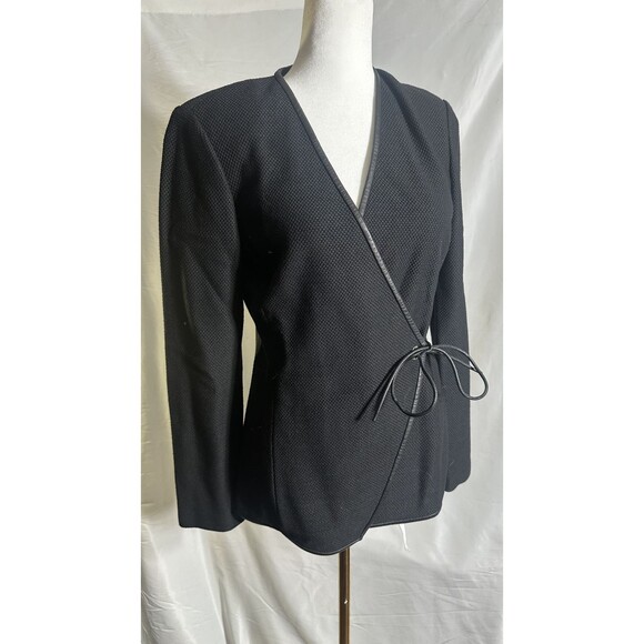 St John Front Tie Leather Trim Cardigan Size 4